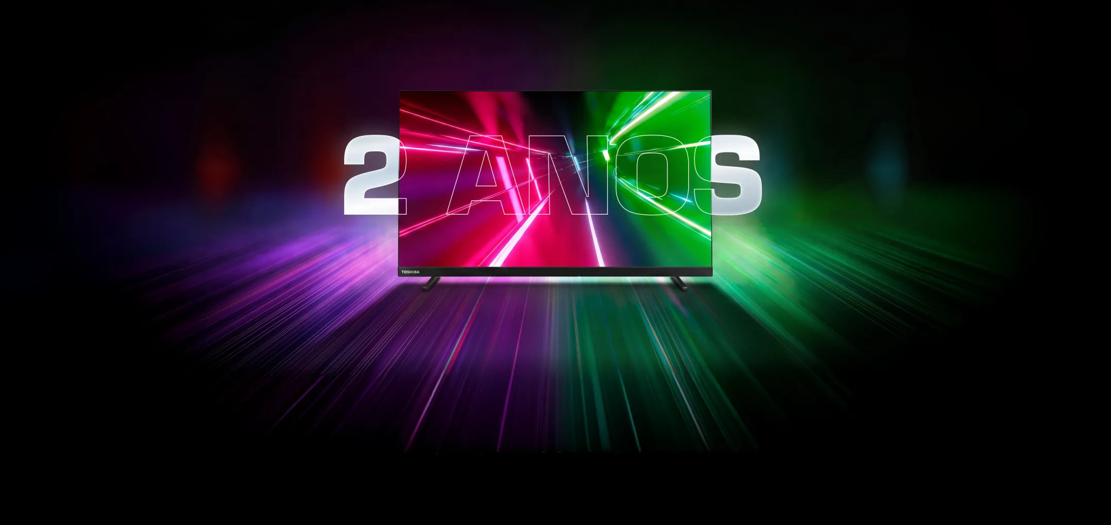 Selo 3D "2 anos" em neon sobre uma TV Toshiba