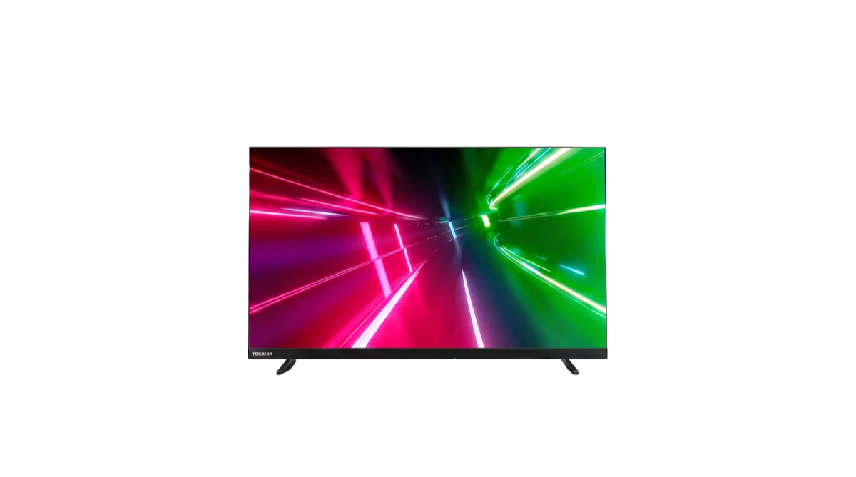 Smart TV Toshiba com efeito de luz e o texto 2 anos ao fundo