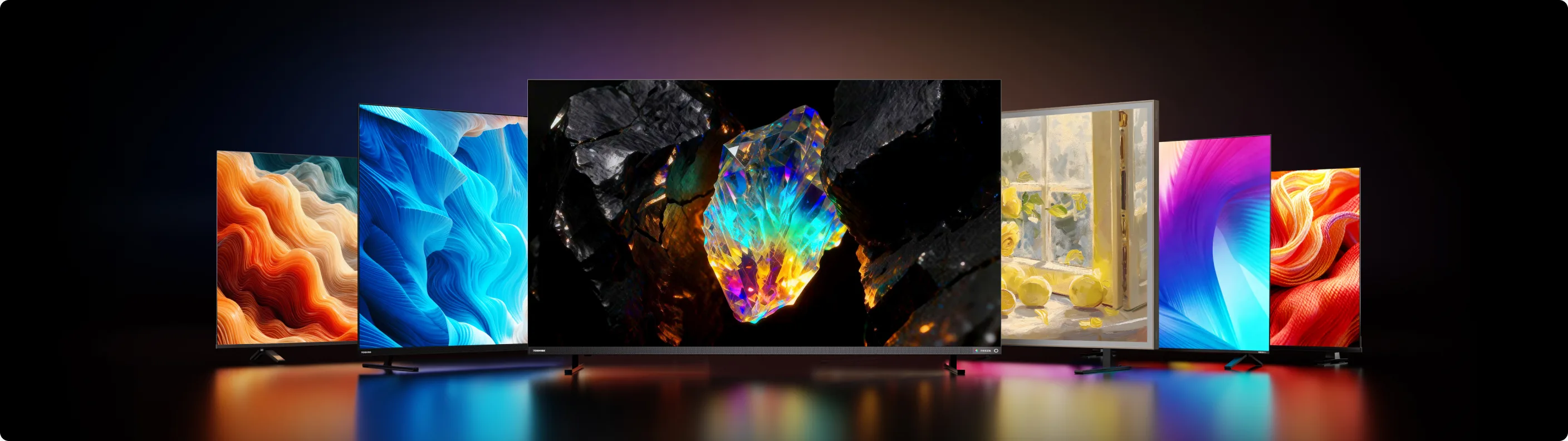 Linha de TVs Toshiba lado a lado com telas coloridas ligadas.