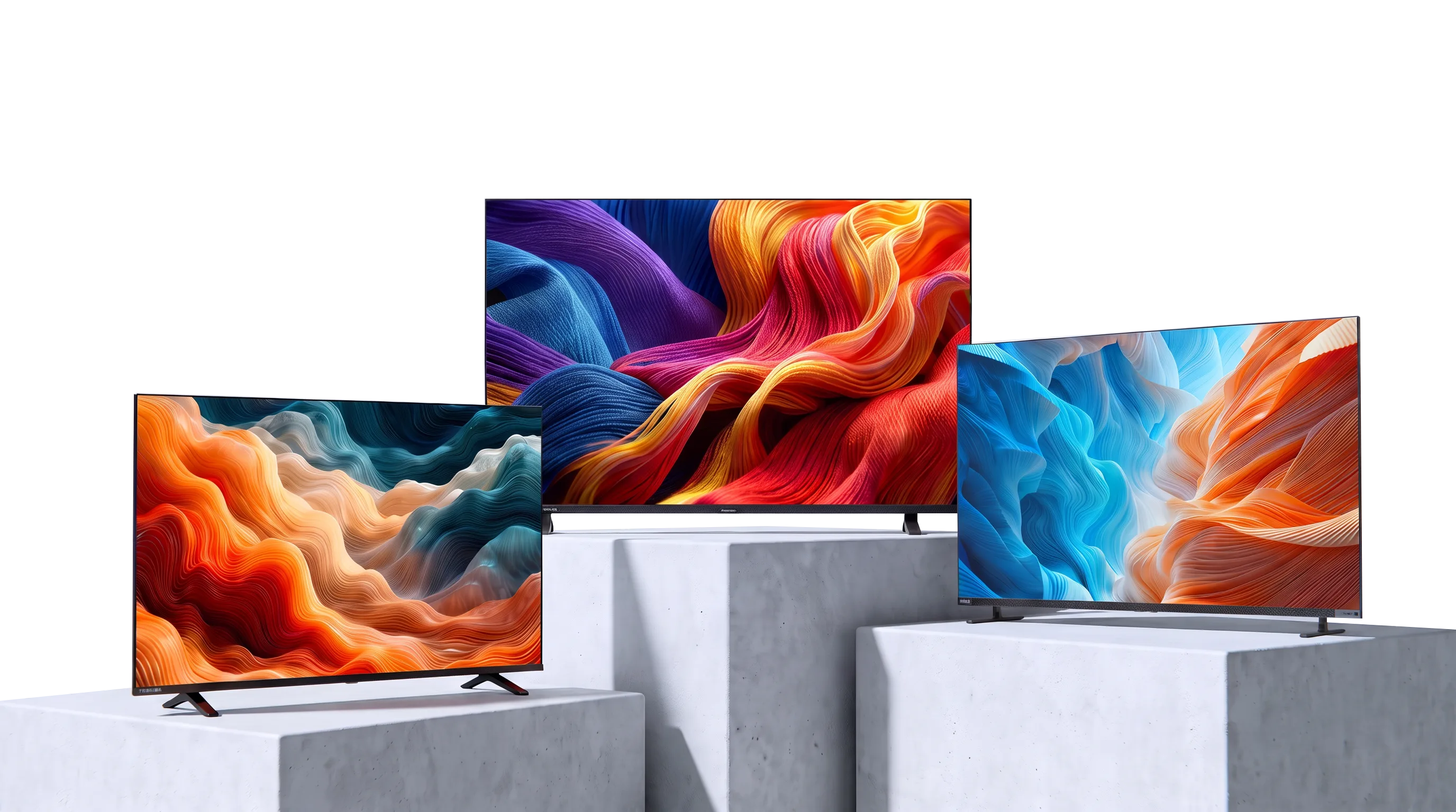 Três TVs Toshiba sobre pódios, com telas coloridas